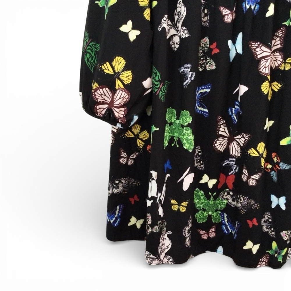 Colorful Butterfly Print Black Mini Dress – Long Sleeve V‑Neck, Size L/XL, NWOT - Picture 9 of 12